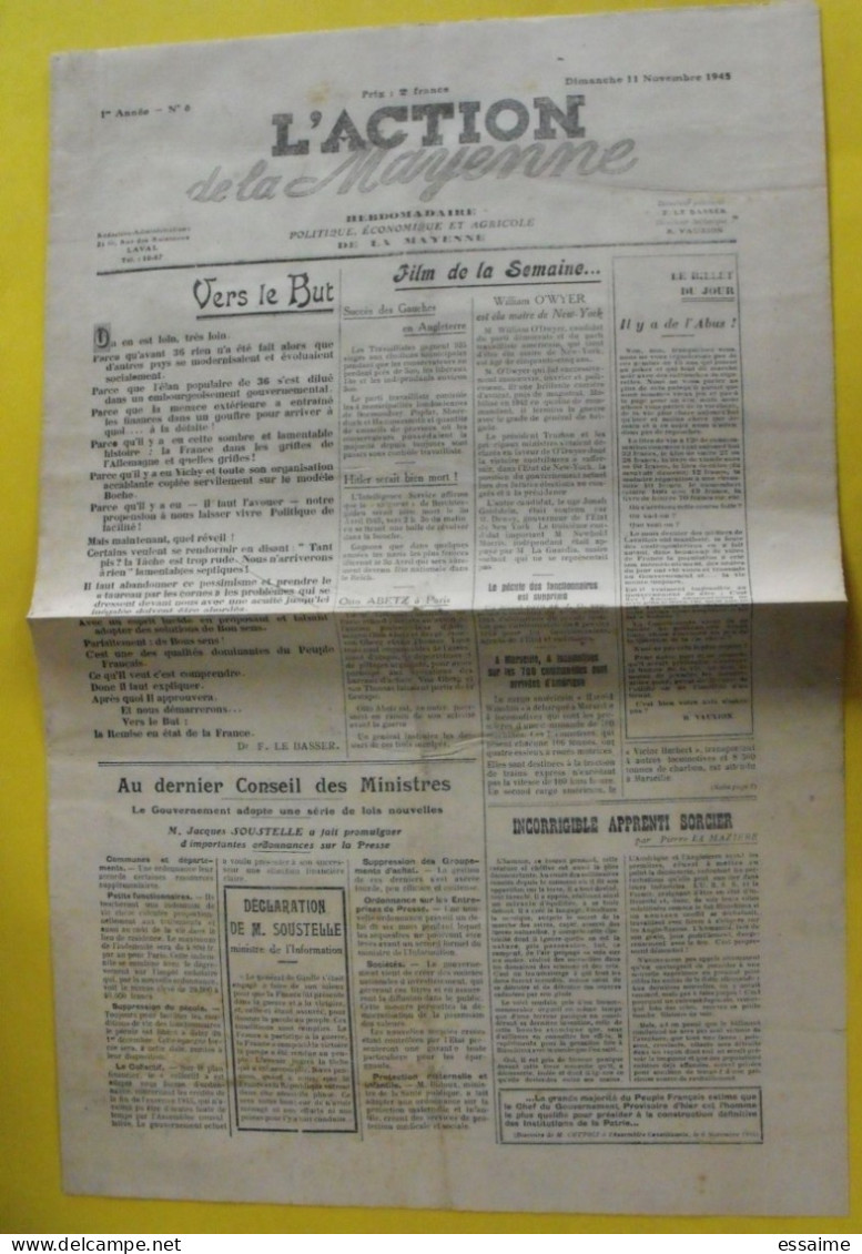 L'Action De La Mayenne. Hebdo. 1ère Année N° 6 Du 11 Novembre 1945. Laval.  Le Basser Vauxion La Mazière Soustelle - Andere & Zonder Classificatie