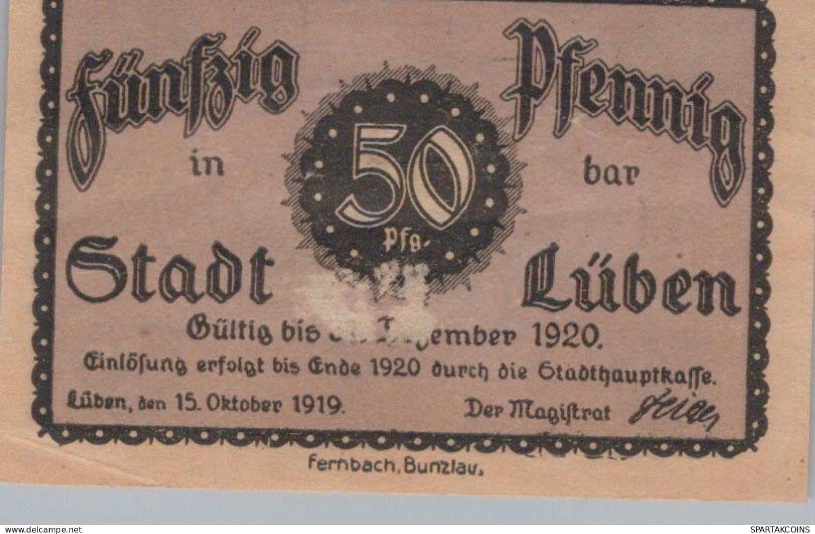 50 PFENNIG 1921 Stadt LÜBEN Silesia UNC DEUTSCHLAND Notgeld Banknote #PH196 - Lokale Ausgaben