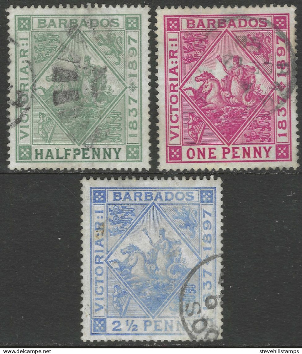 Barbados. 1897-98 Diamond Jubilee. ½d, 1d, 2½d Used. SG 117, 118, 119. M4071 - Barbades (...-1966)
