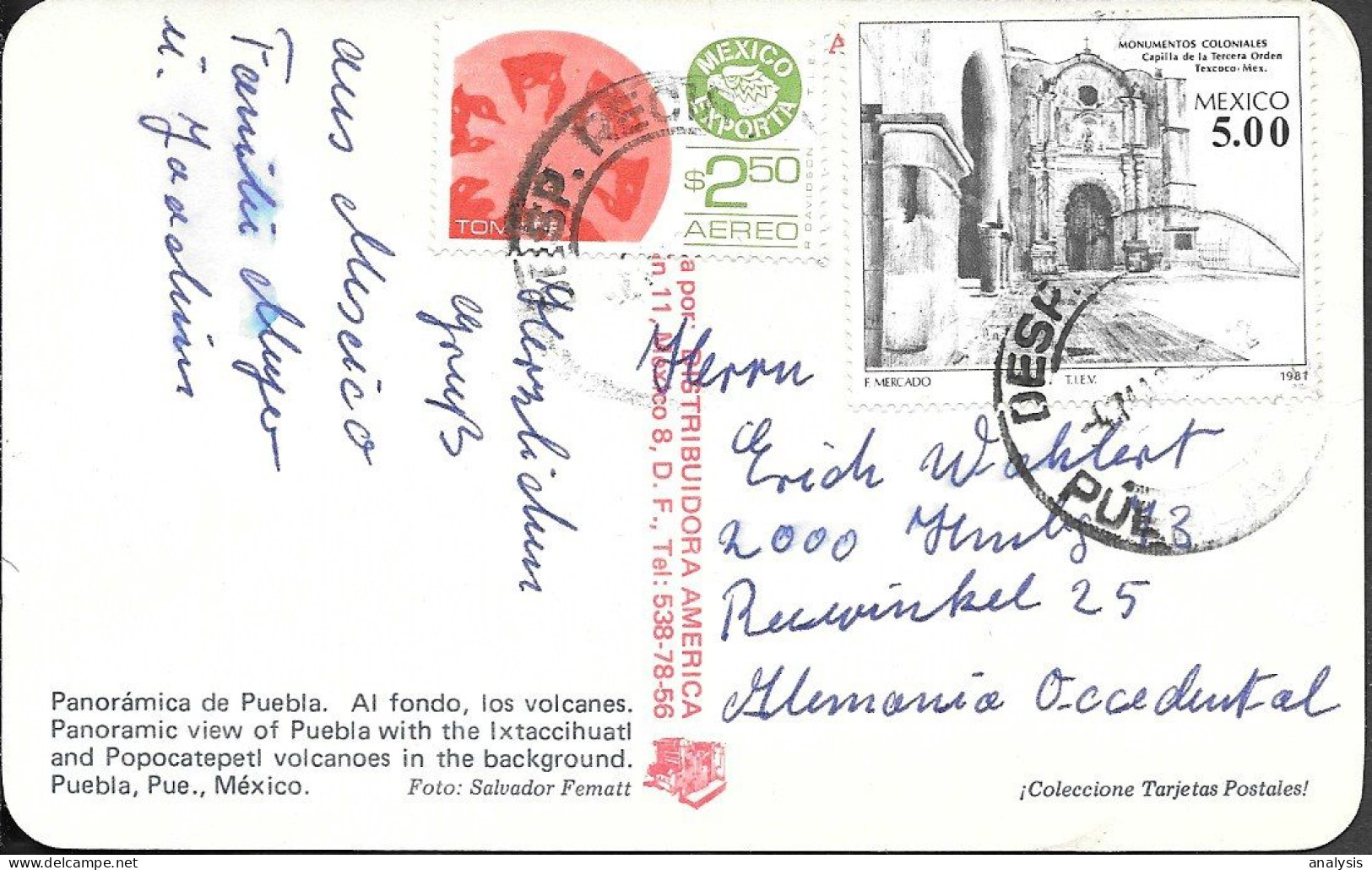 Mexico Puebla Postcard Mailed To Germany 1980s. 7.50P Rate. Texcoco Cathedral - México