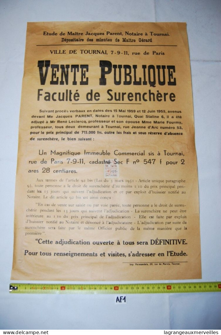 AF1 Affiche - Vente Publique Notaire - Tournai - Notaire Gérard - 1959 N°1 - Manifesti