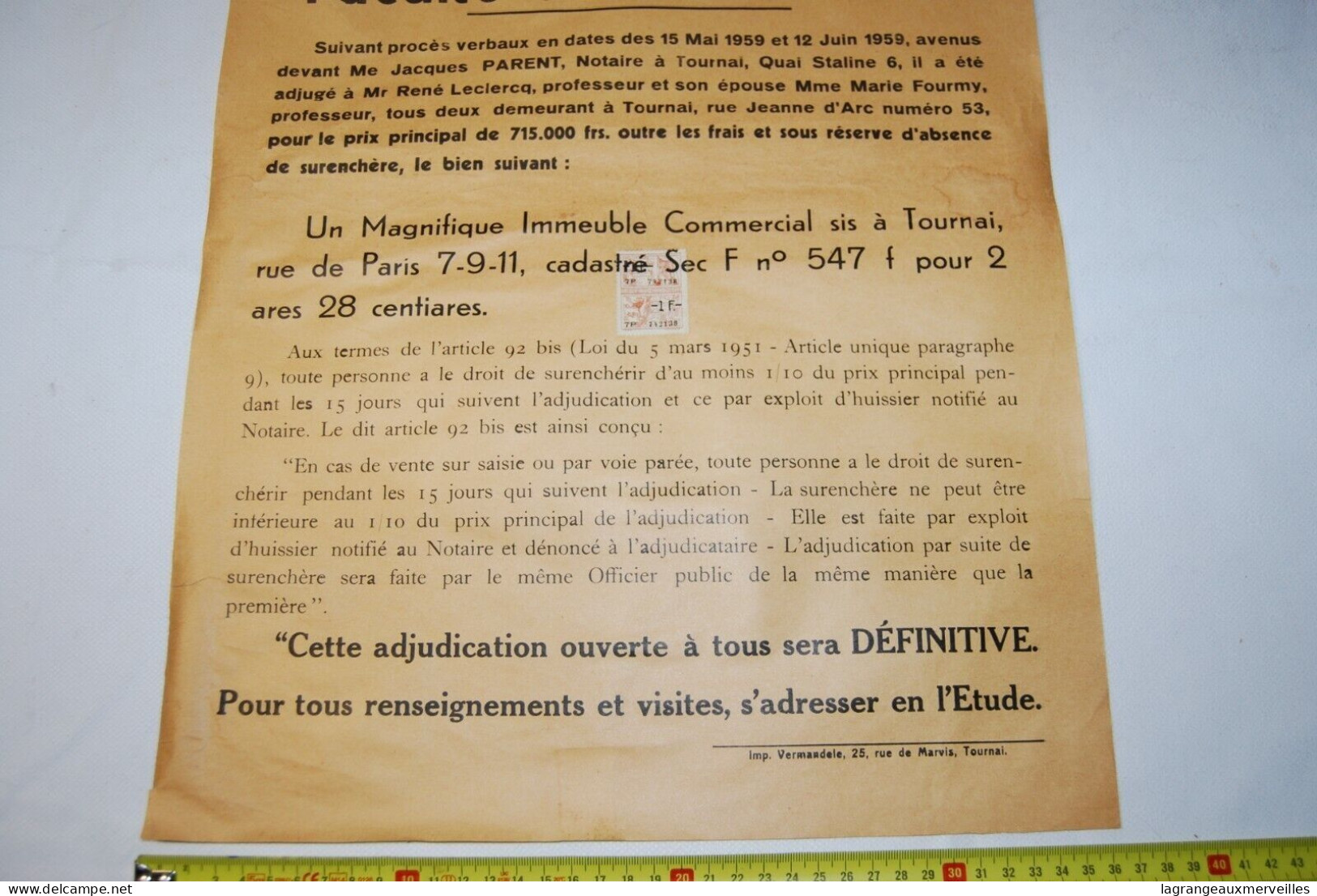 AF1 Affiche - Vente Publique Notaire - Tournai - Notaire Gérard - 1959 N°1 - Posters