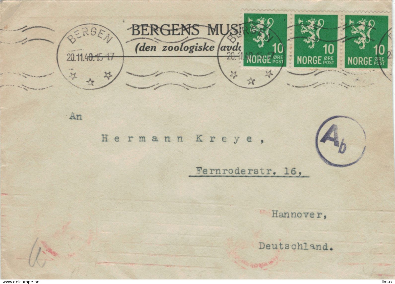 Nils Knaben Bergen Museum 1940 > Kreye Hannover - Zensur OKW Ab (Berlin) - Cartas & Documentos