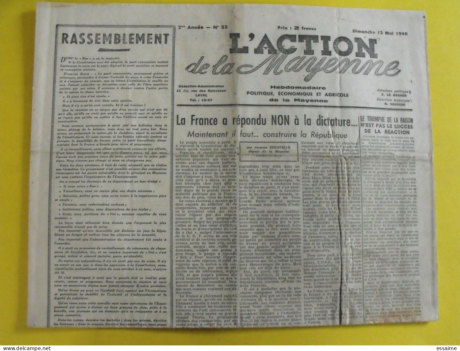 L'Action De La Mayenne. Hebdo. 2ème Année N° 32 Du 12 Mai 1946. Laval.  Le Basser Vauxion La Mazière Soustelle - Andere & Zonder Classificatie