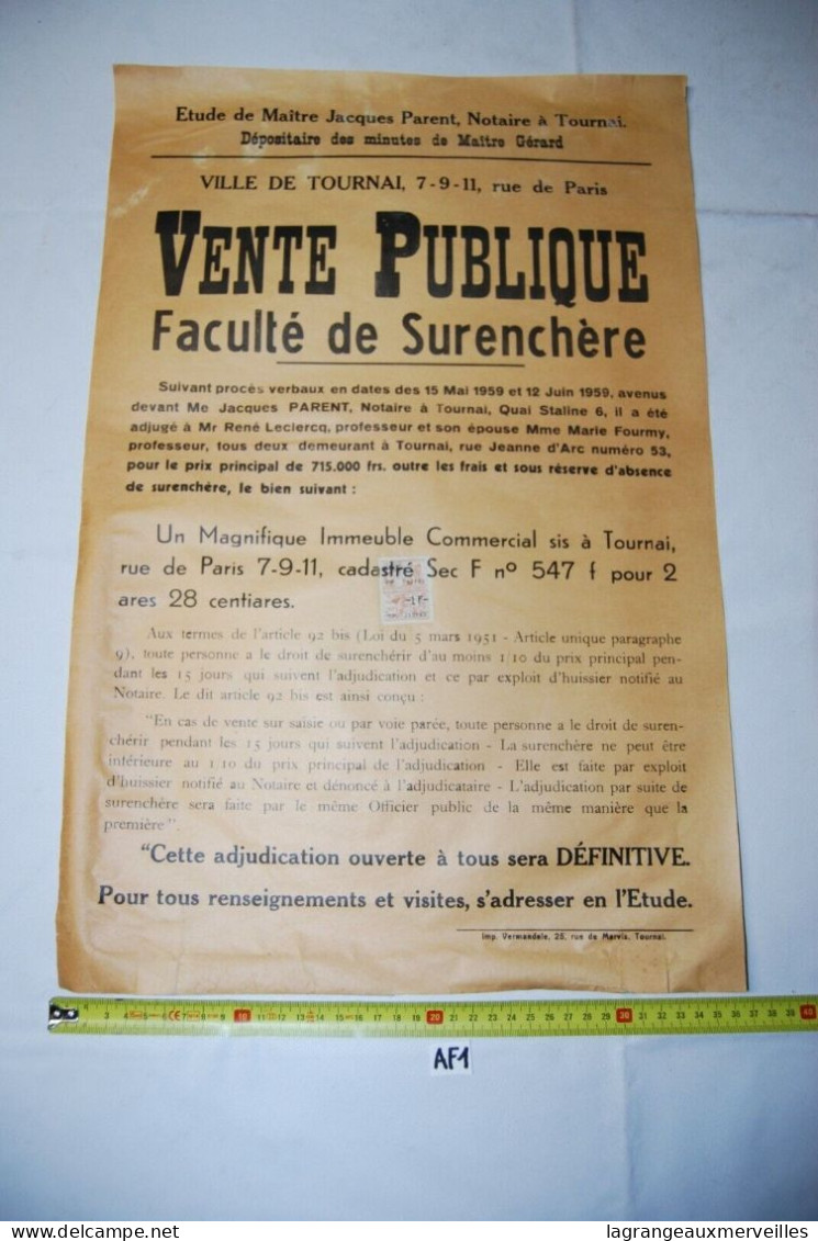 AF1 Affiche - Vente Publique Notaire - Tournai - Notaire Gérard - 1959 N°3 - Posters