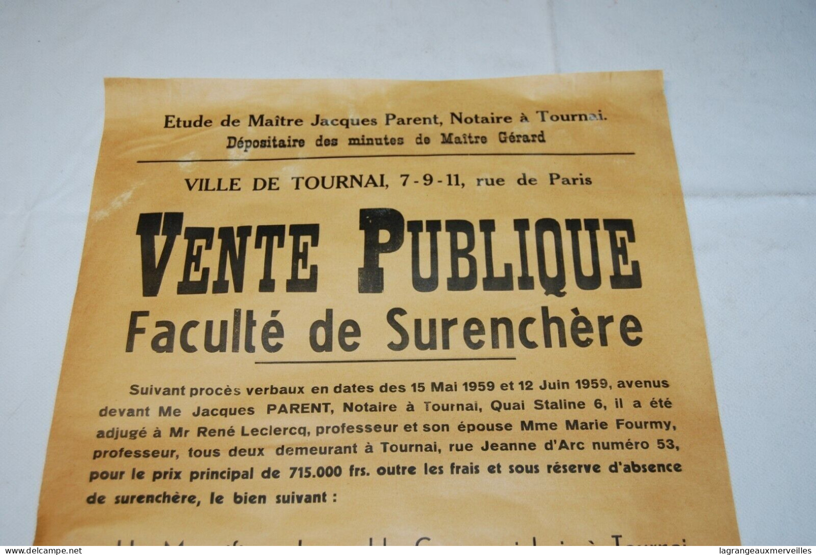 AF1 Affiche - Vente Publique Notaire - Tournai - Notaire Gérard - 1959 N°3 - Posters