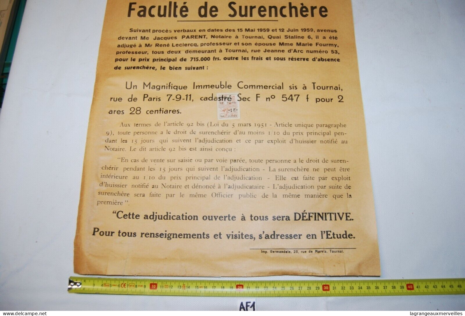 AF1 Affiche - Vente Publique Notaire - Tournai - Notaire Gérard - 1959 N°3 - Posters