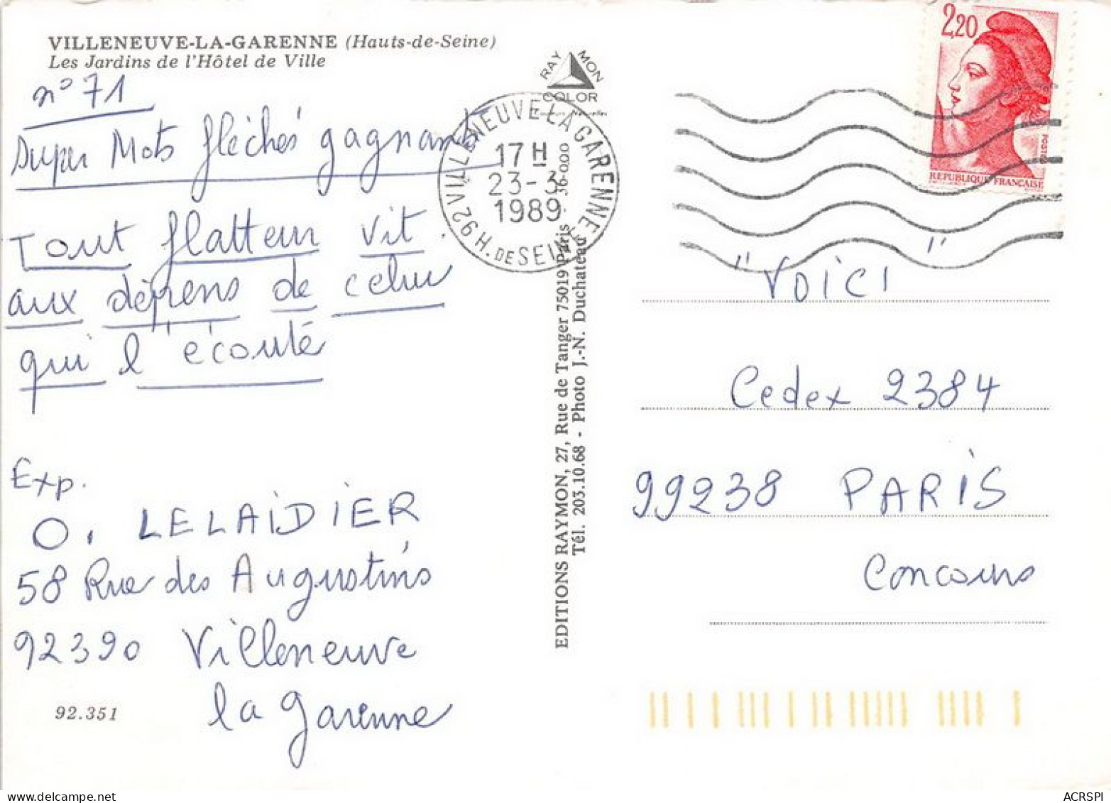 VILLENEUVE LA GARENNE Les Jardins De L Hotel De Ville 6(scan Recto-verso) MA1198 - Villeneuve La Garenne