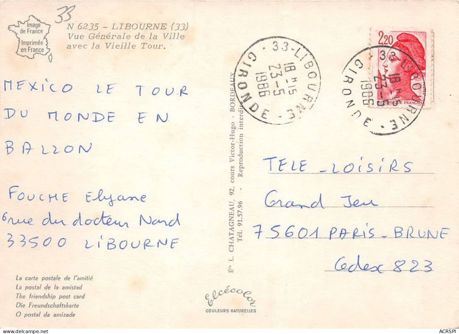 LIBOURNE Vue Generale De La Ville Avec La Vieille Tour 20(scan Recto-verso) MA1182 - Libourne
