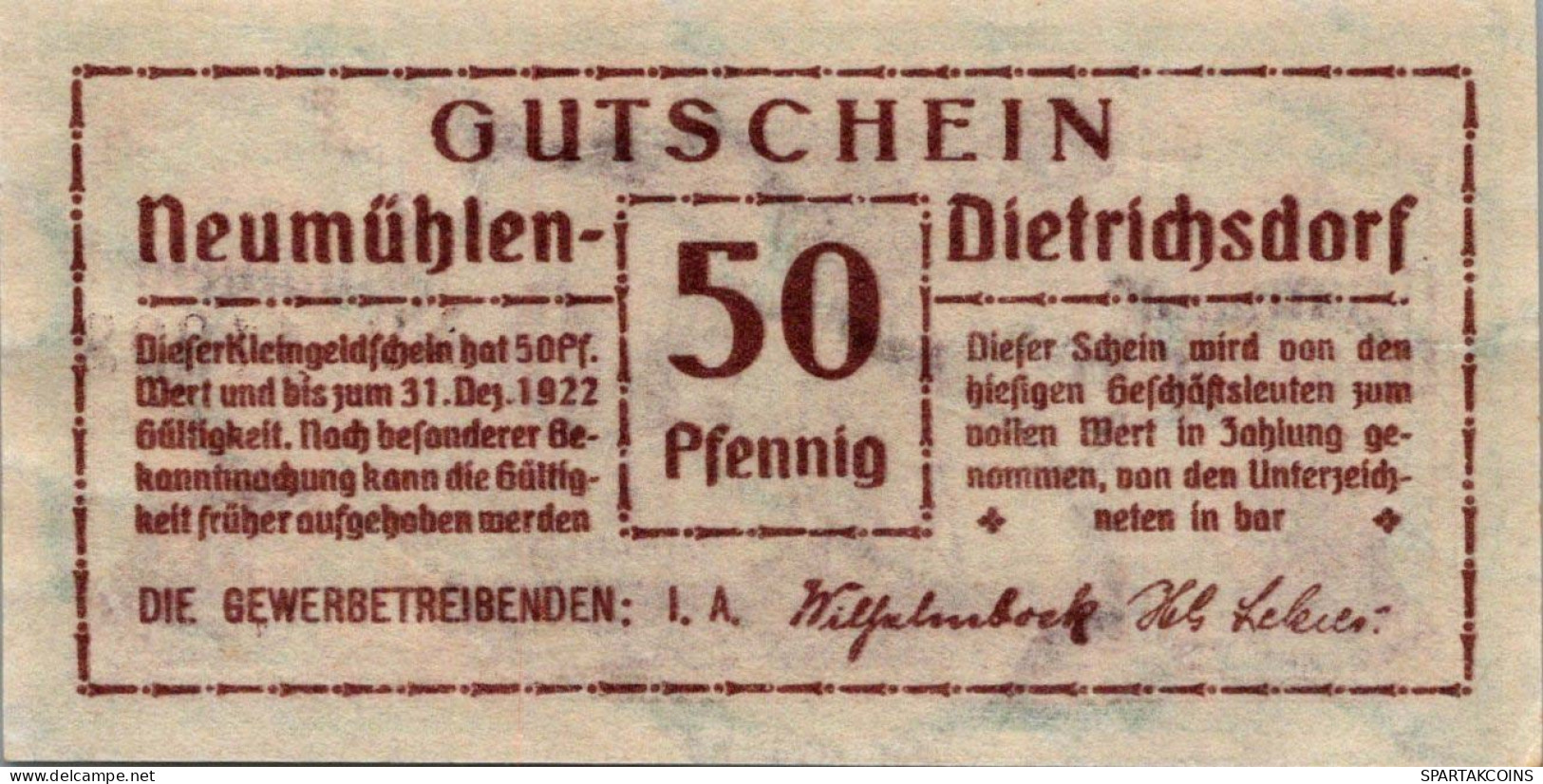 50 PFENNIG 1922 Stadt NEUMÜHLEN-DIETRICHSDORF DEUTSCHLAND #PG259 - [11] Local Banknote Issues