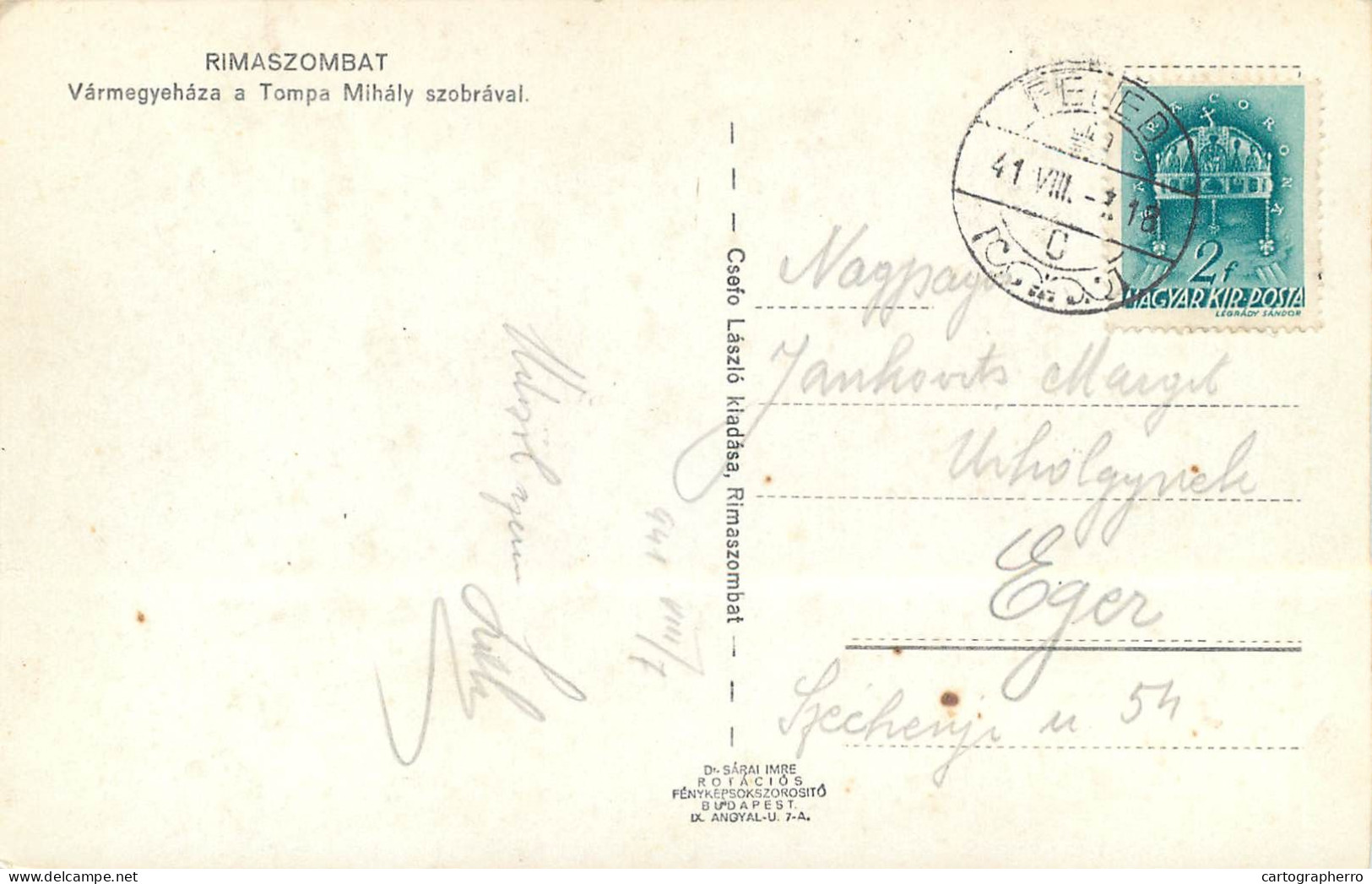 Postcard Hungary Rimaszombat Varmegyehaza A Tompa Mihaly  Szobraval - Hongrie