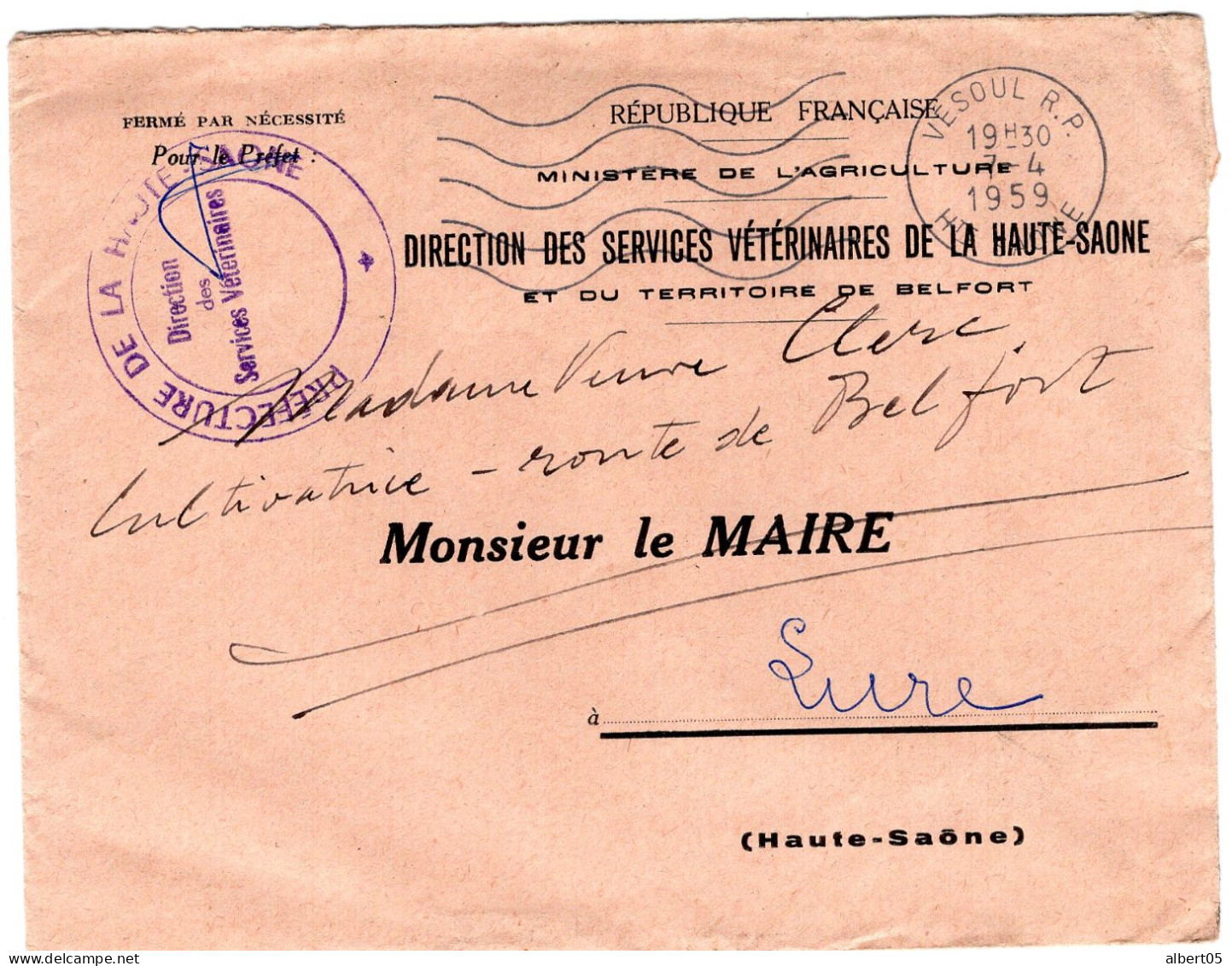 Direction Des Services Vétérinaires De La Haute-Saône - Cachet - Franchise - 7 4 1959 - Frankobriefe