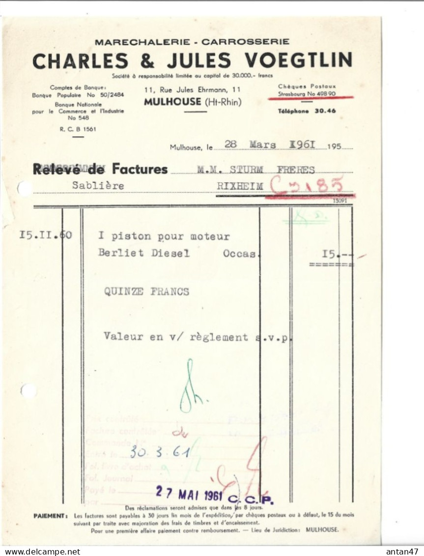 Facture ½ Format 1961 / 68 MULHOUSE / Garage Maréchalerie, Carrosserie Charles & Jules VOEGTLIN - Cars