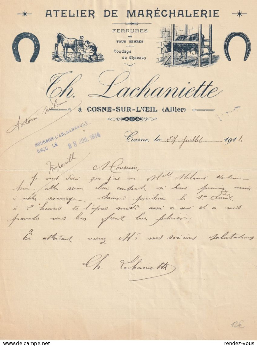 Fattura Comm. - Anno  1914  -  Cosne Sur L' Oeil ( Allier ) ,  " Ditta Th. Lachaniette "  Maniscalco - Landwirtschaft