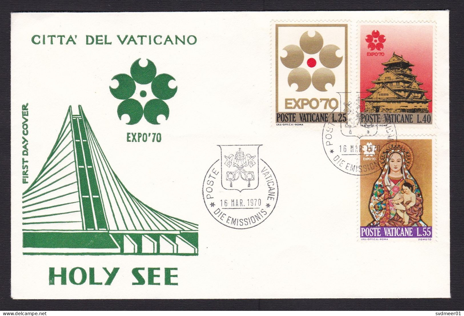 Vatican: FDC First Day Cover, 1970, 3 Stamps, Exposition EXPO'70 Japan, Logo Expo70, Heritage (minor Damage) - Briefe U. Dokumente