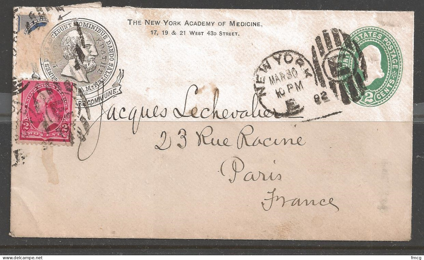 1892 New York (Mar 30) To Paris, France - Storia Postale