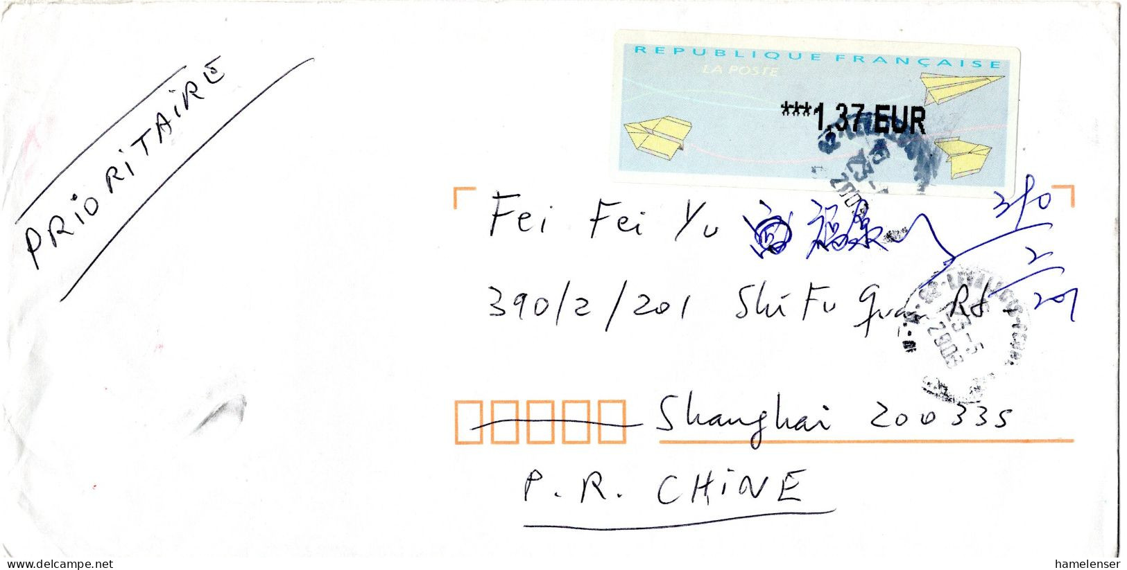 L77273 - Frankreich - 2003 - €1,37 ATM EF A LpBf LEVALLOIS -> SHANGHAI (China) - 2000 « Avions En Papier »
