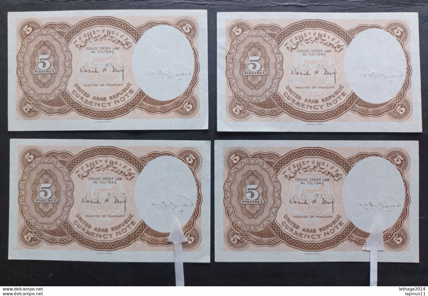 BANKNOTE EGITTO 5 P 1940 UNCIRCULATED SEQUENTIAL NUMBERS PARTIAL SIGNATURE DECAL 4 ERROR NUMBER 4 SERIAL BROKEN - Egypte