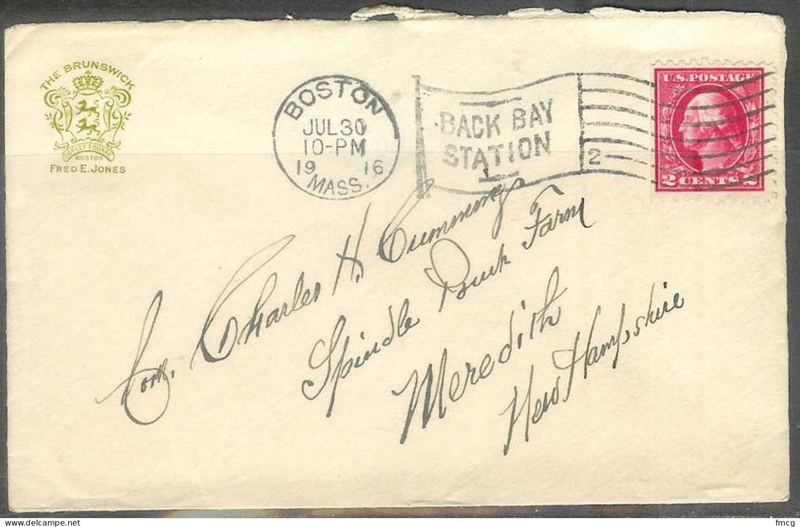 1916 Boston Mass (Jul 30) Back Bay Station Flag Cancel Corner Card - Lettres & Documents