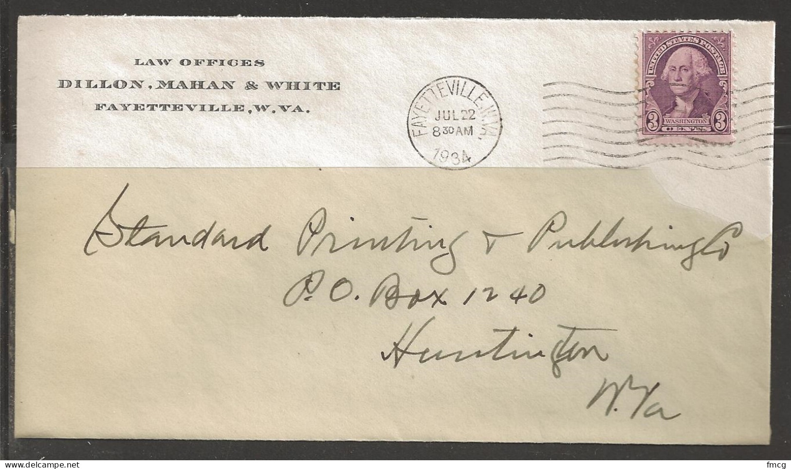 1934 (Jul 22) Fayetteville, West Virginia Machine Cancel, Corner Card - Briefe U. Dokumente