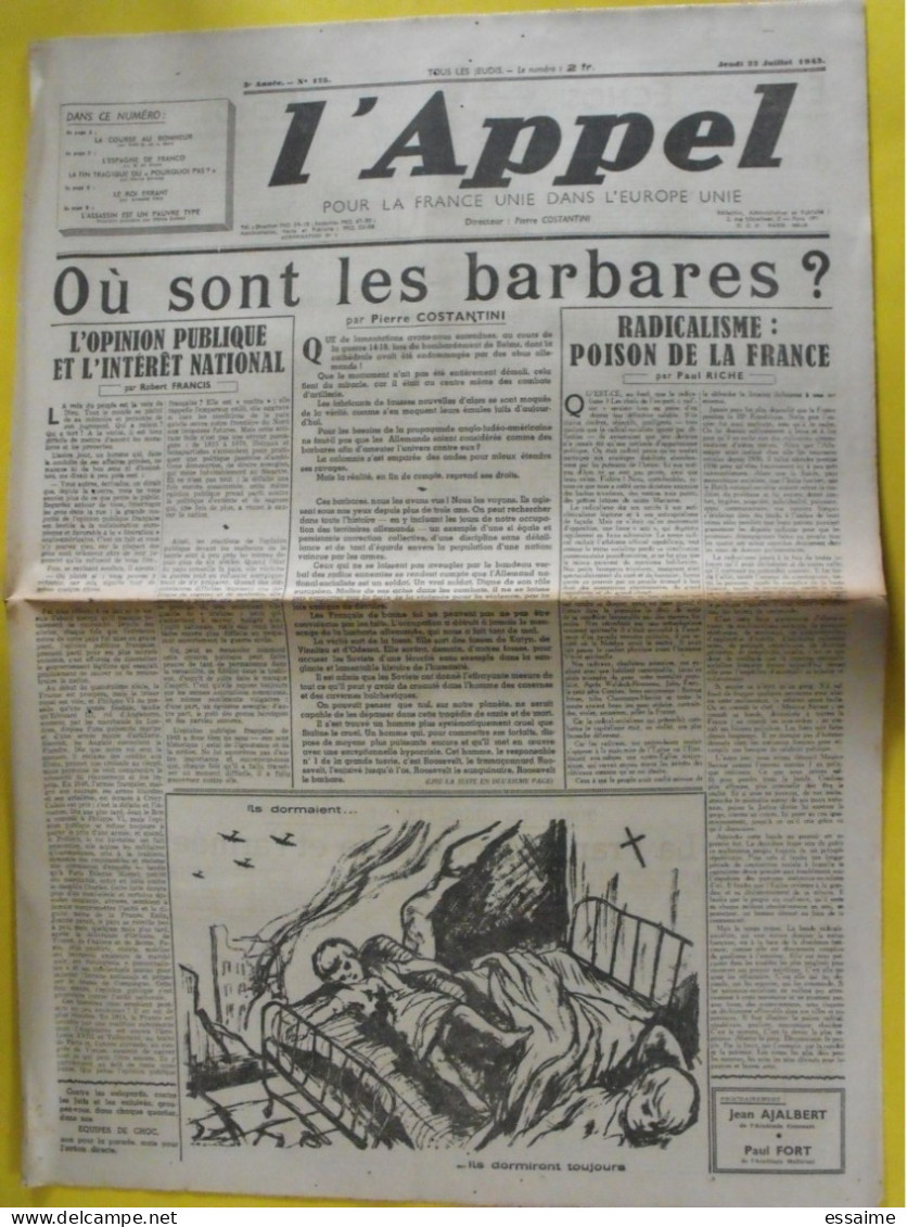 L'appel N° 127 Du 5 Août 1943. Costantini. Chaumet Dieudonné Francisme Collaboration Antisémite Milice Légion LVF - Andere & Zonder Classificatie