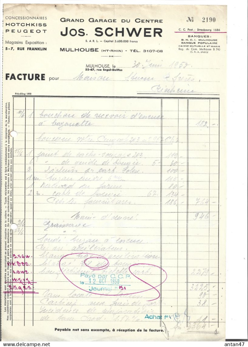 3 Factures 1950-60 / 68 MULHOUSE / Garage Du Centre SCHWER Agent HOTCHKISS PEUGEOT - Automobile