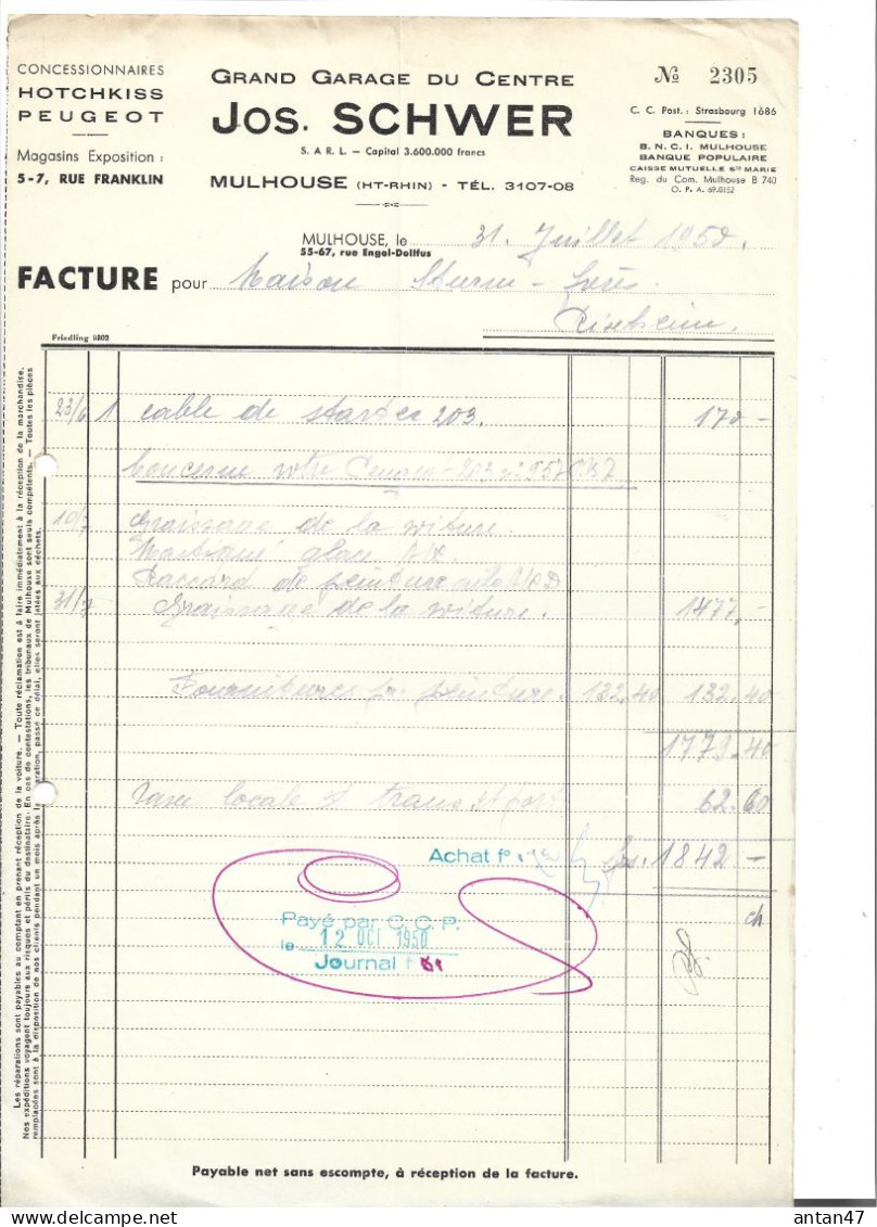 3 Factures 1950-60 / 68 MULHOUSE / Garage Du Centre SCHWER Agent HOTCHKISS PEUGEOT - Auto's