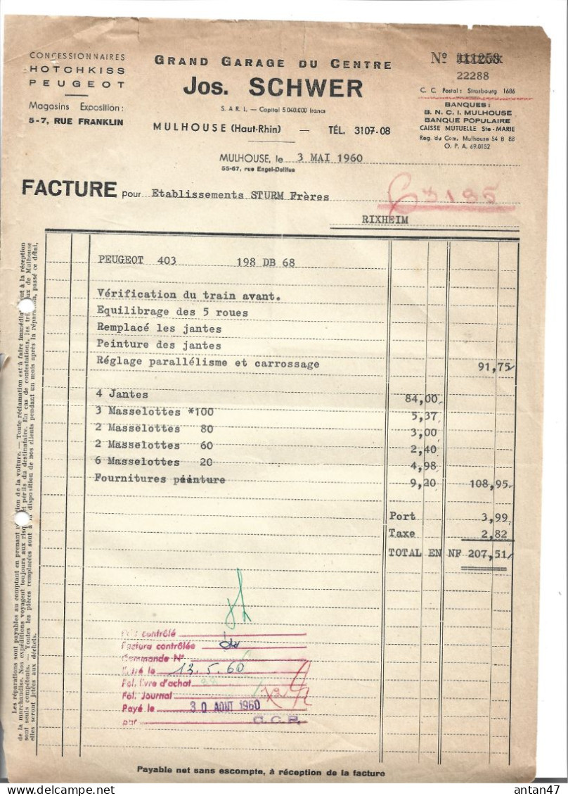 3 Factures 1950-60 / 68 MULHOUSE / Garage Du Centre SCHWER Agent HOTCHKISS PEUGEOT - Automobil