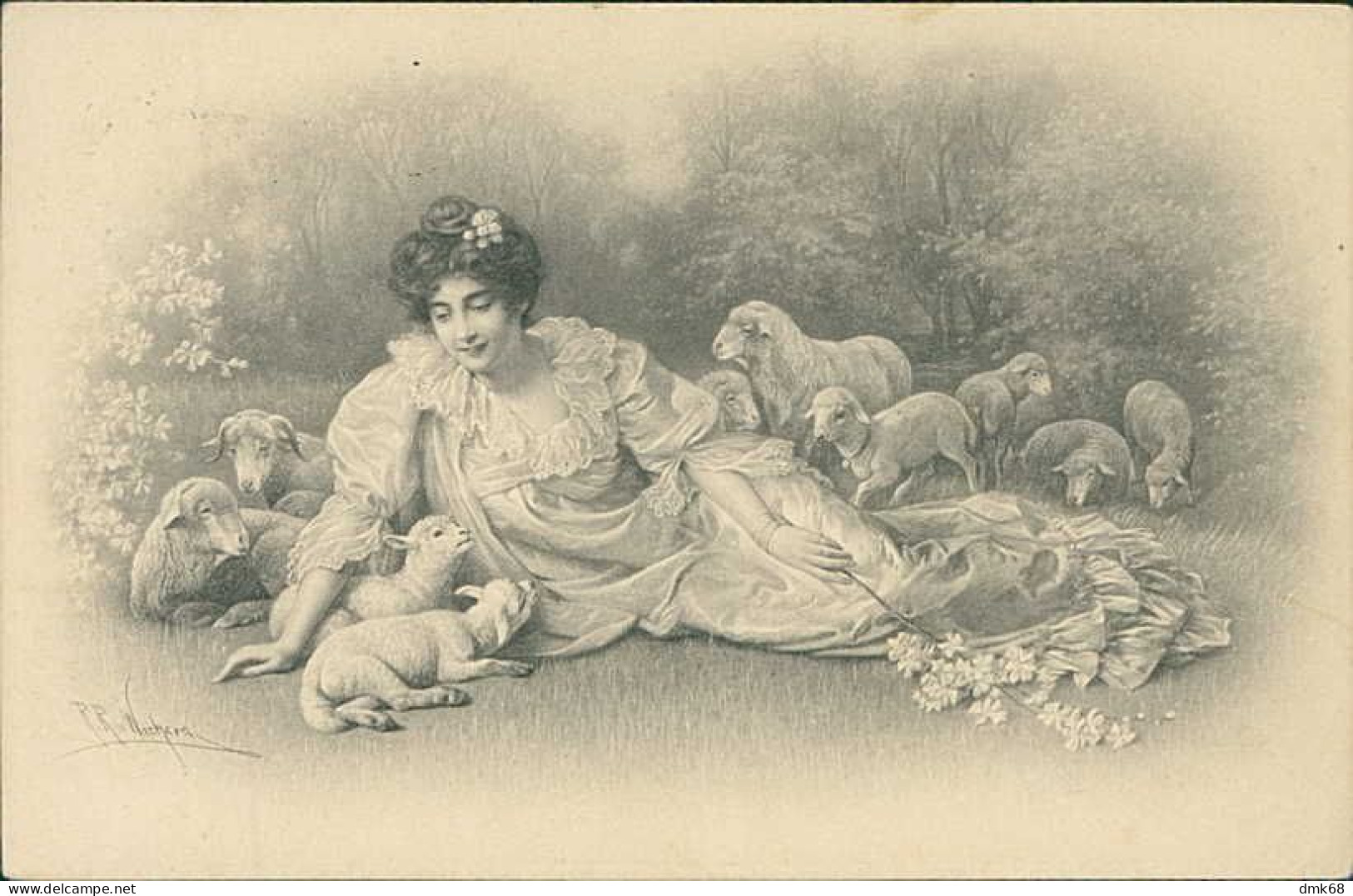 M.M. VIENNE / M. MUNK 1900s ART NOUVEAU POSTCARD SIGNED WICHERA  - WOMAN & SHEEPS & FLOWERS - N.449 (5525) - Vienne