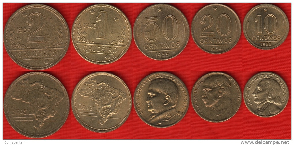 Brazil Set Of 5 Coins: 10 Centavos - 2 Cruzeiros 1945-1955 - Brasilien