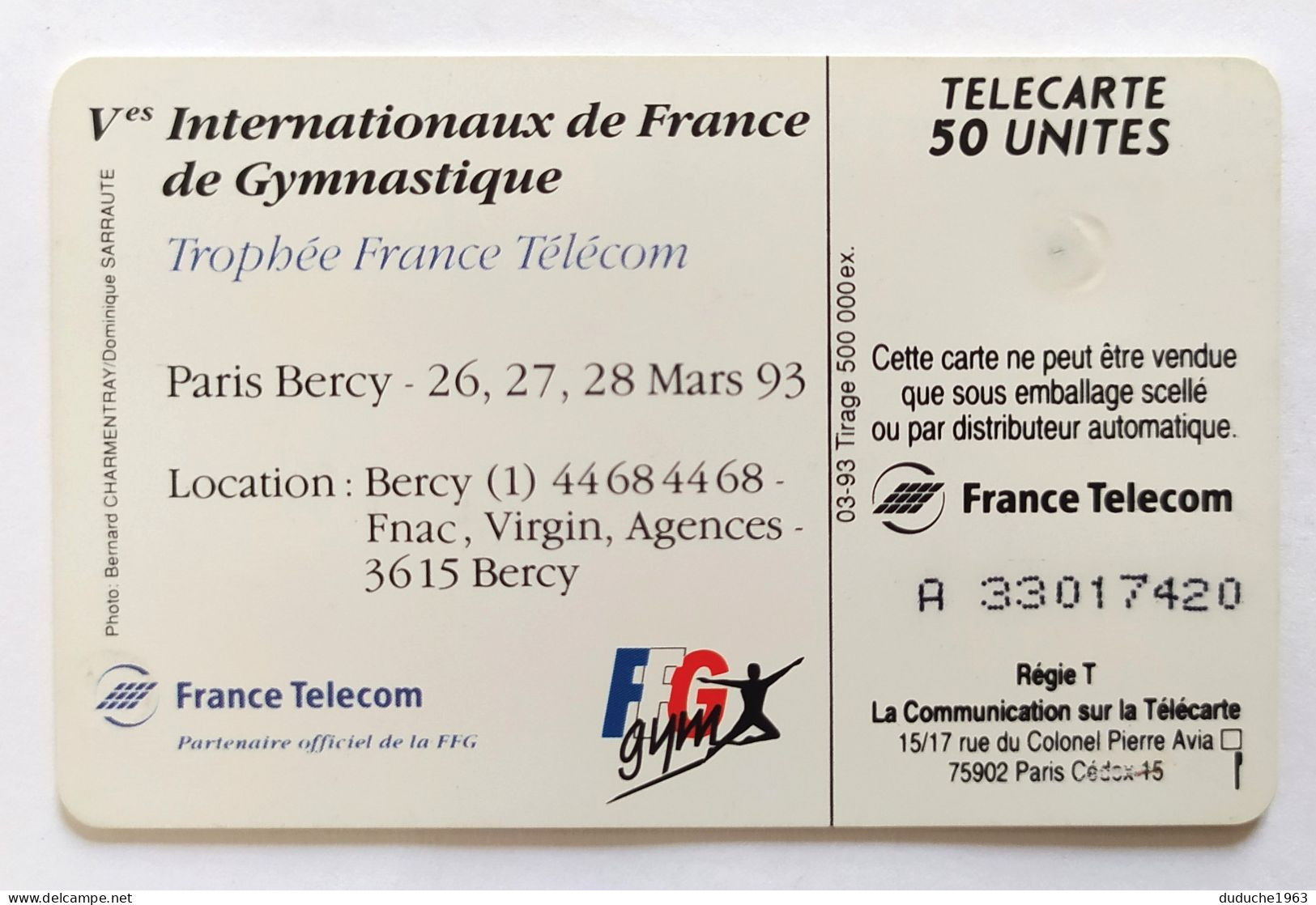 Télécarte France - Gymnastique: Internationaux De France 1993 - Zonder Classificatie