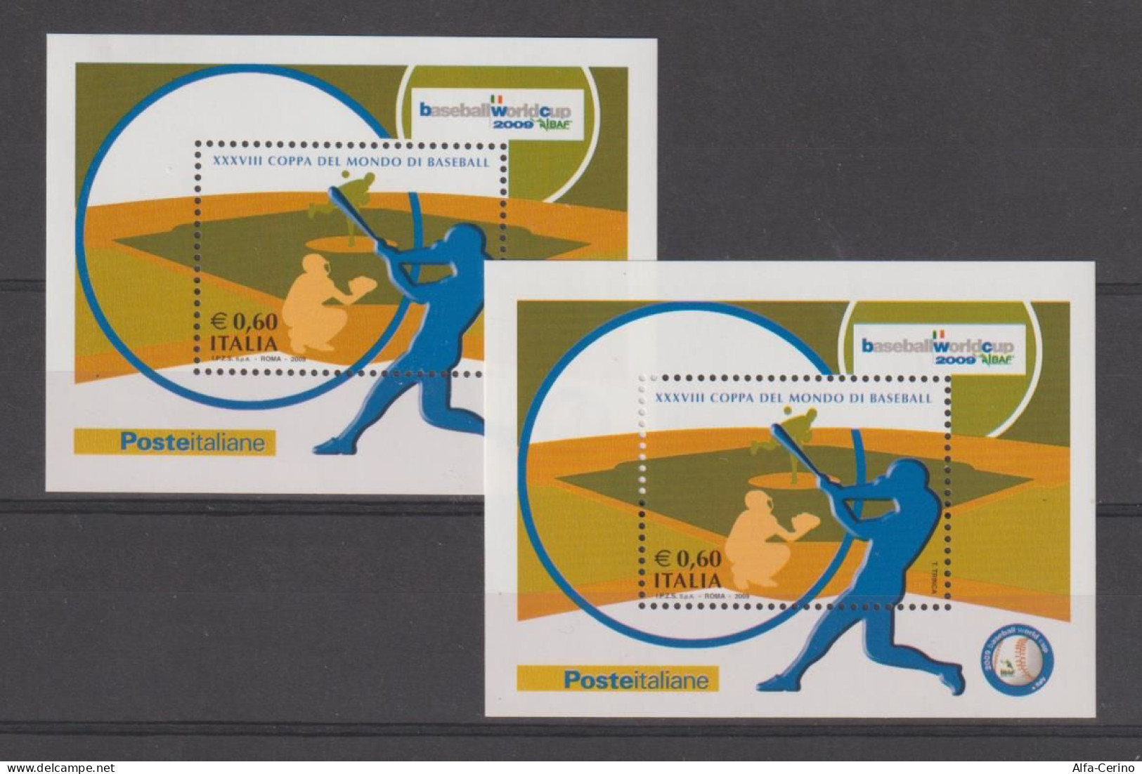 REPUBBLICA:  2009  BL/FGL  BASEBALL  -   €. 0,60  POLICROMO  N. -  RIPETUTO  2  VOLTE  -  SASS. 55 - Blokken & Velletjes