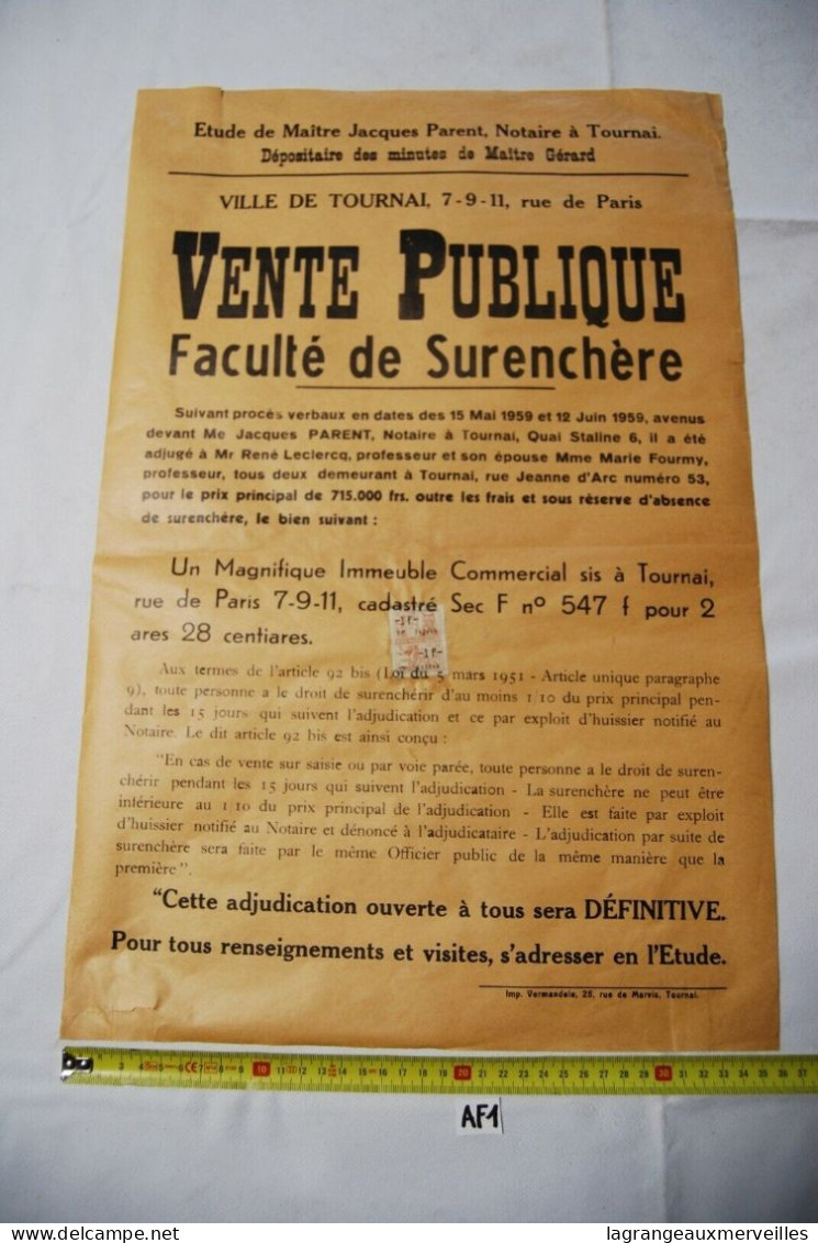 AF1 Affiche - Vente Publique Notaire - Tournai - Notaire Gérard - 1959 N°4 - Posters