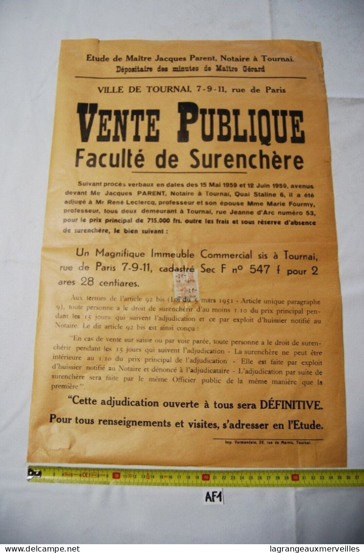 AF1 Affiche - Vente Publique Notaire - Tournai - Notaire Gérard - 1959 N°4 - Plakate