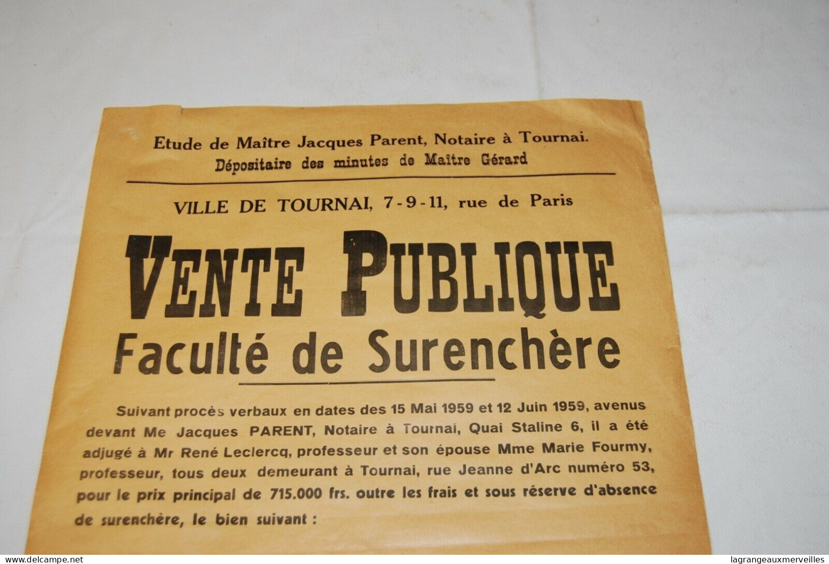 AF1 Affiche - Vente Publique Notaire - Tournai - Notaire Gérard - 1959 N°4 - Posters