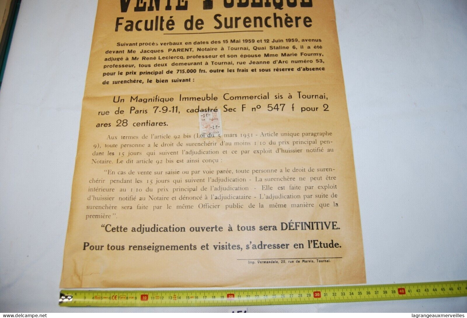 AF1 Affiche - Vente Publique Notaire - Tournai - Notaire Gérard - 1959 N°4 - Posters