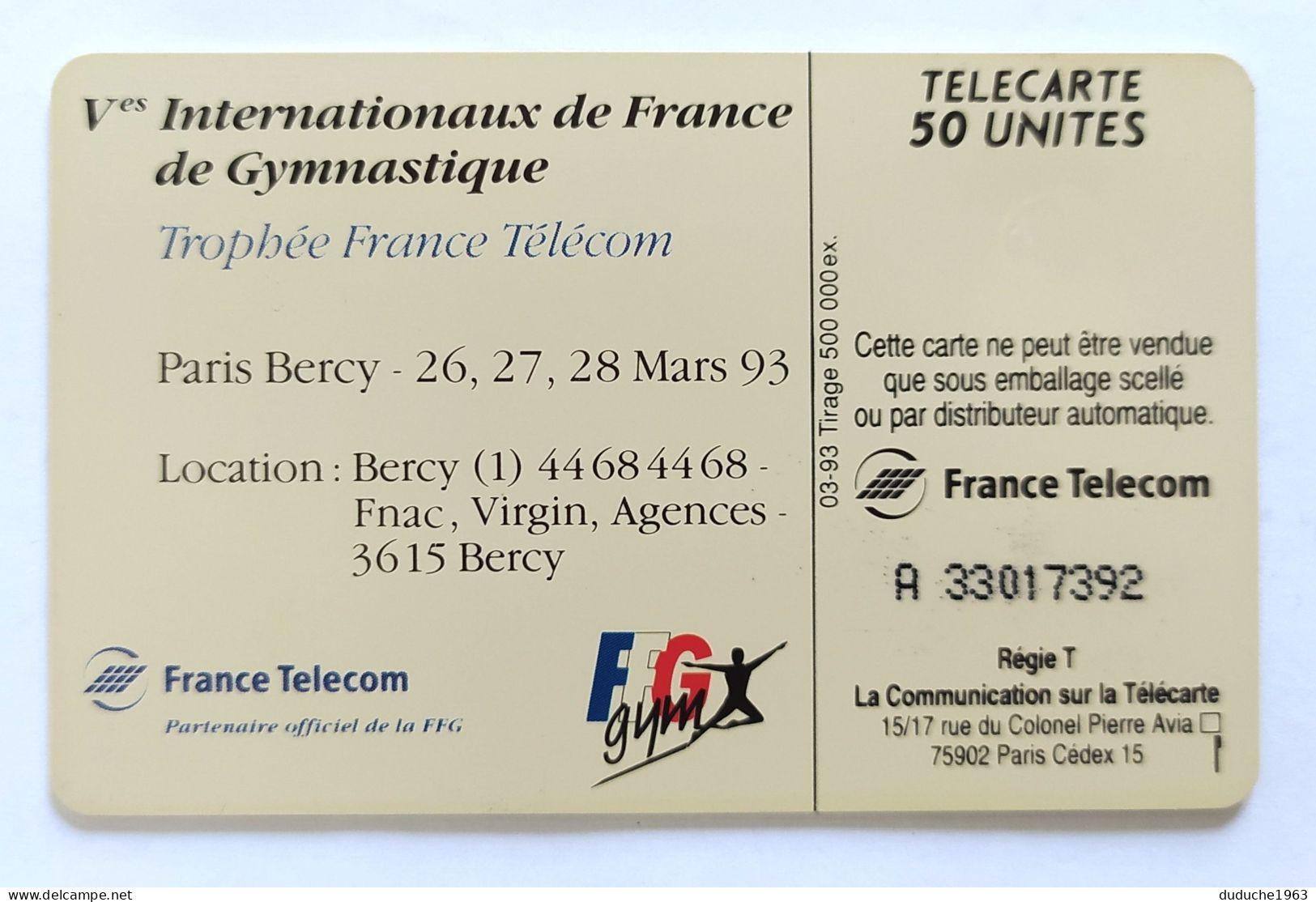 Télécarte France - Gymnastique: Internationaux De France 1993 - Ohne Zuordnung