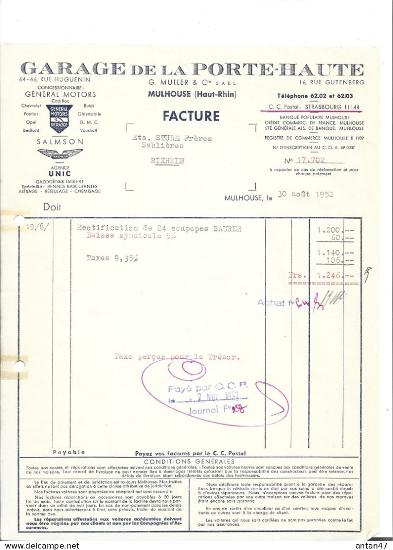 2 Factures 1952-63 / 68 MULHOUSE / Garage De La Porte Haute MULLER / SALMSON CADILLAC BUICK BEDFORD CHEVROLET - Automobile