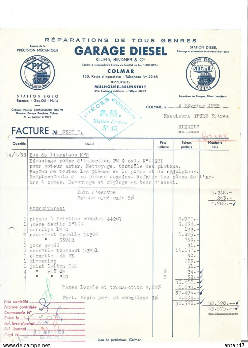 2 Factures 1955-64 / 68 MULHOUSE / Garage DIESEL KLUFTS BINDNER / Pub BOSCH SIGMA EGLO - Cars