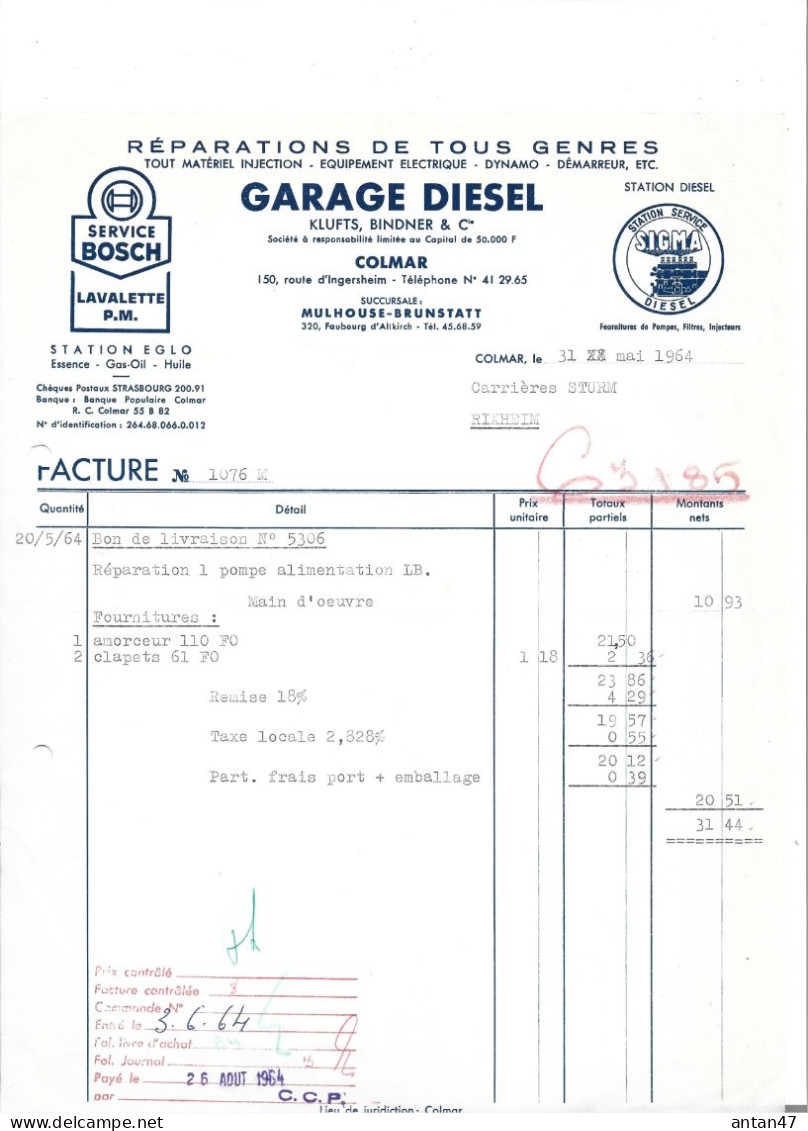 2 Factures 1955-64 / 68 MULHOUSE / Garage DIESEL KLUFTS BINDNER / Pub BOSCH SIGMA EGLO - Cars