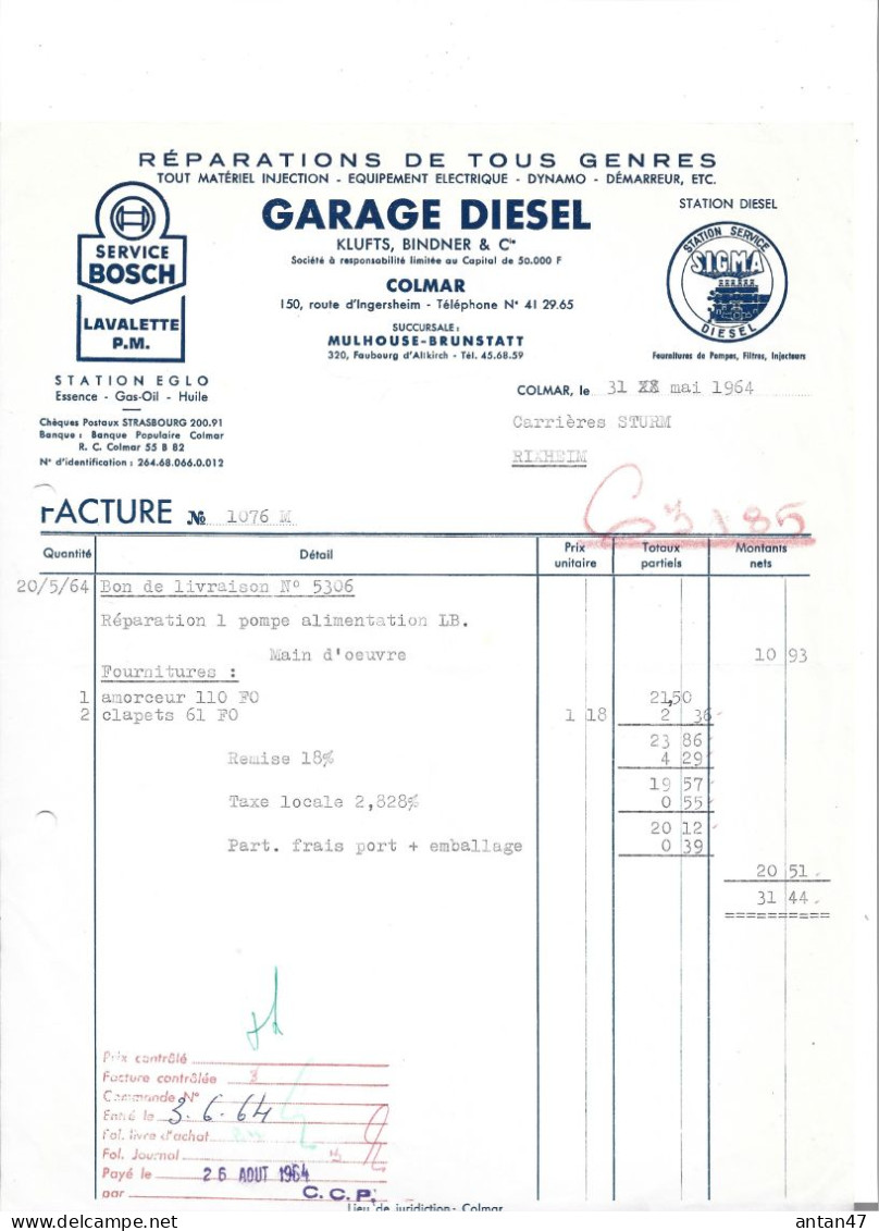 2 Factures 1955-64 / 68 MULHOUSE / Garage DIESEL KLUFTS BINDNER / Pub BOSCH SIGMA EGLO - Automovilismo