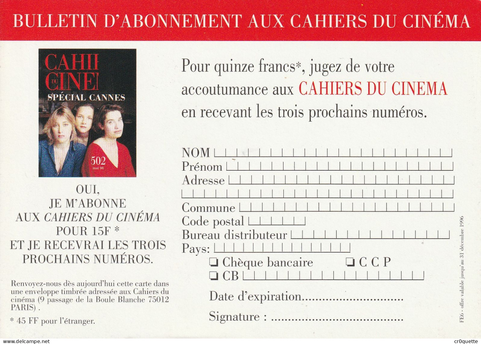 # THEME - PUBLICITE / CAHIERS Du CINEMA - BULLETIN D'ABONNEMENT En 1996 - Werbung