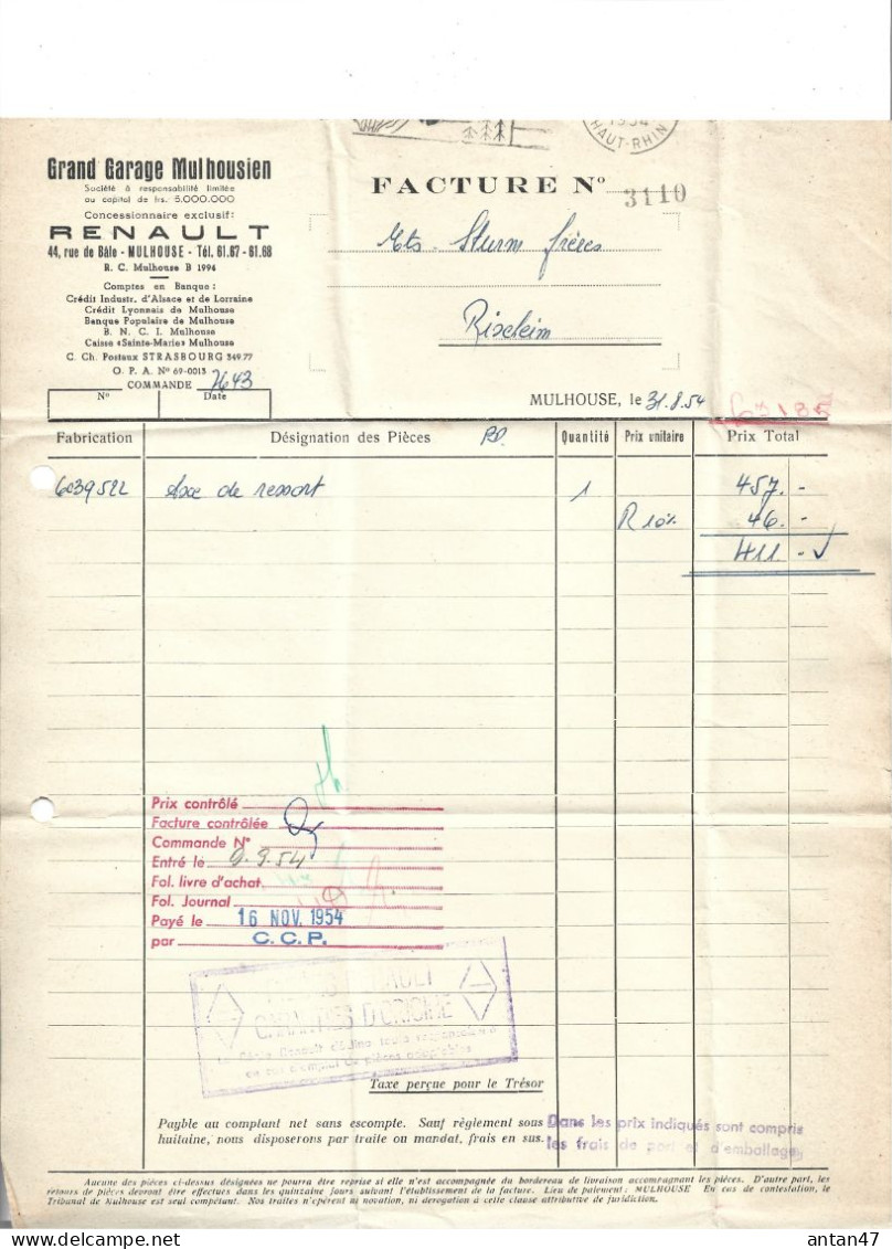 2 Factures 1954 / 68 MULHOUSE / Grand Garage MULHOUSIEN RENAULT Pour Sturm RIXHEIM - Auto's