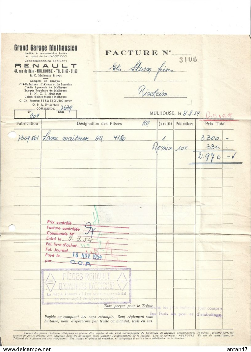 2 Factures 1954 / 68 MULHOUSE / Grand Garage MULHOUSIEN RENAULT Pour Sturm RIXHEIM - Automovilismo