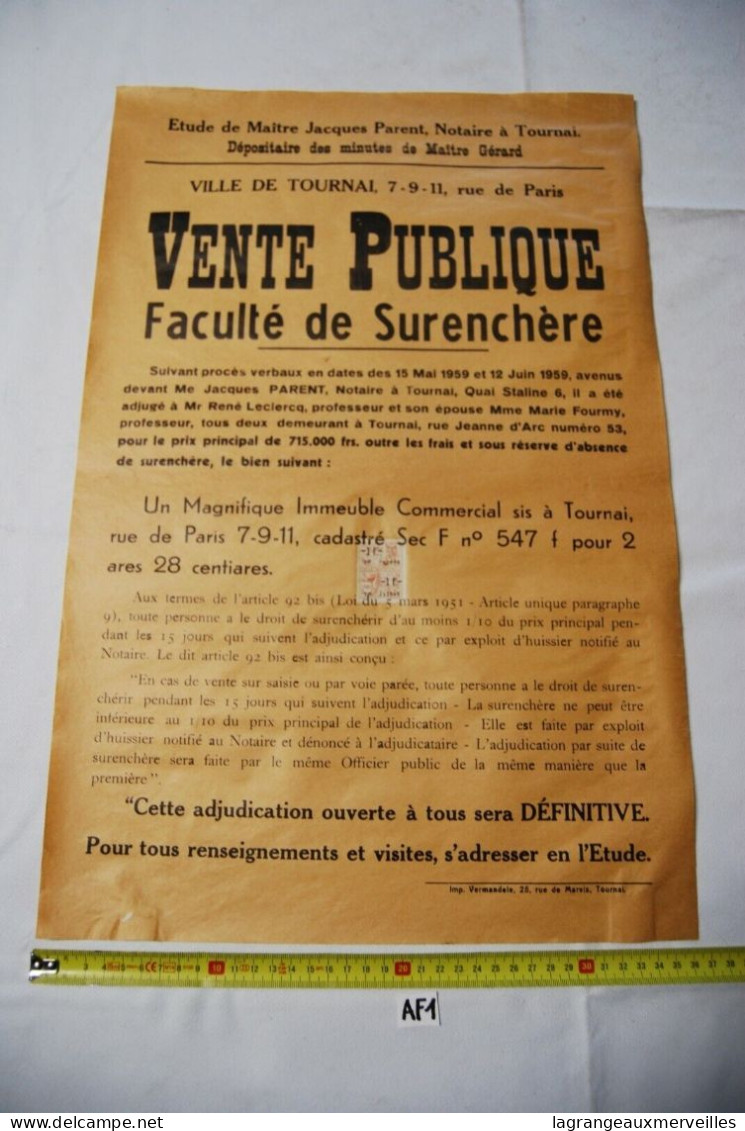 AF1 Affiche - Vente Publique Notaire - Tournai - Notaire Gérard - 1959 N°7 - Plakate