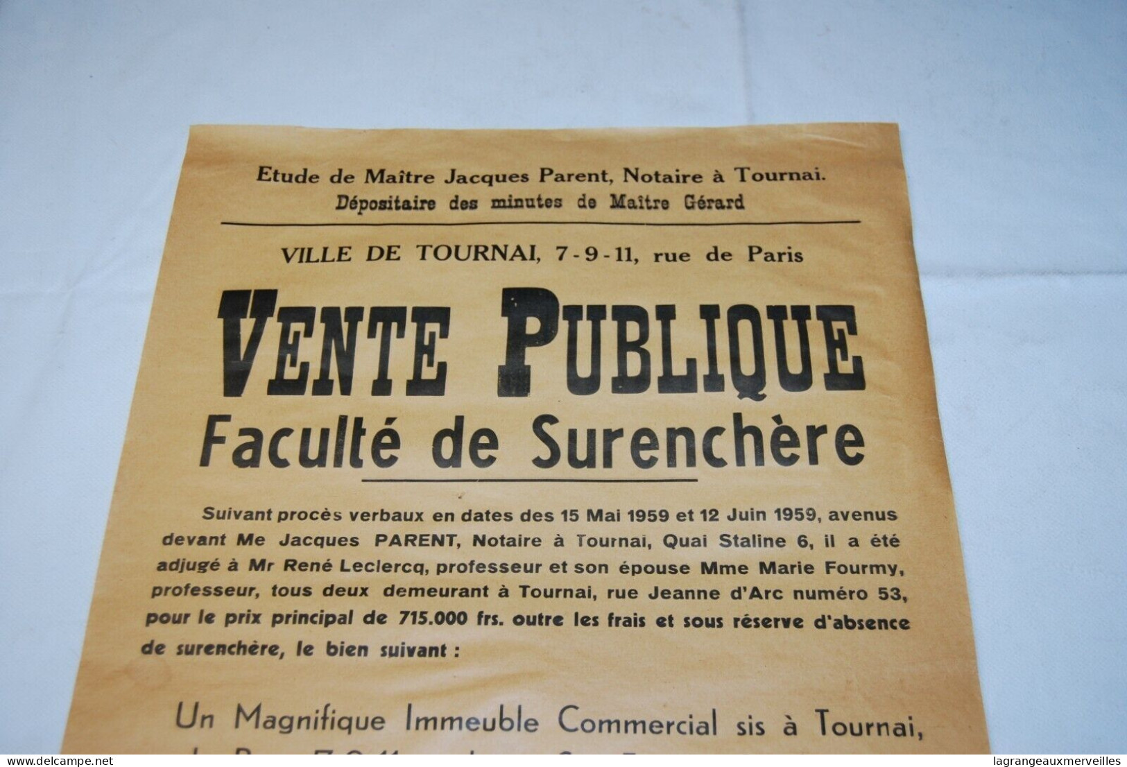 AF1 Affiche - Vente Publique Notaire - Tournai - Notaire Gérard - 1959 N°7 - Plakate