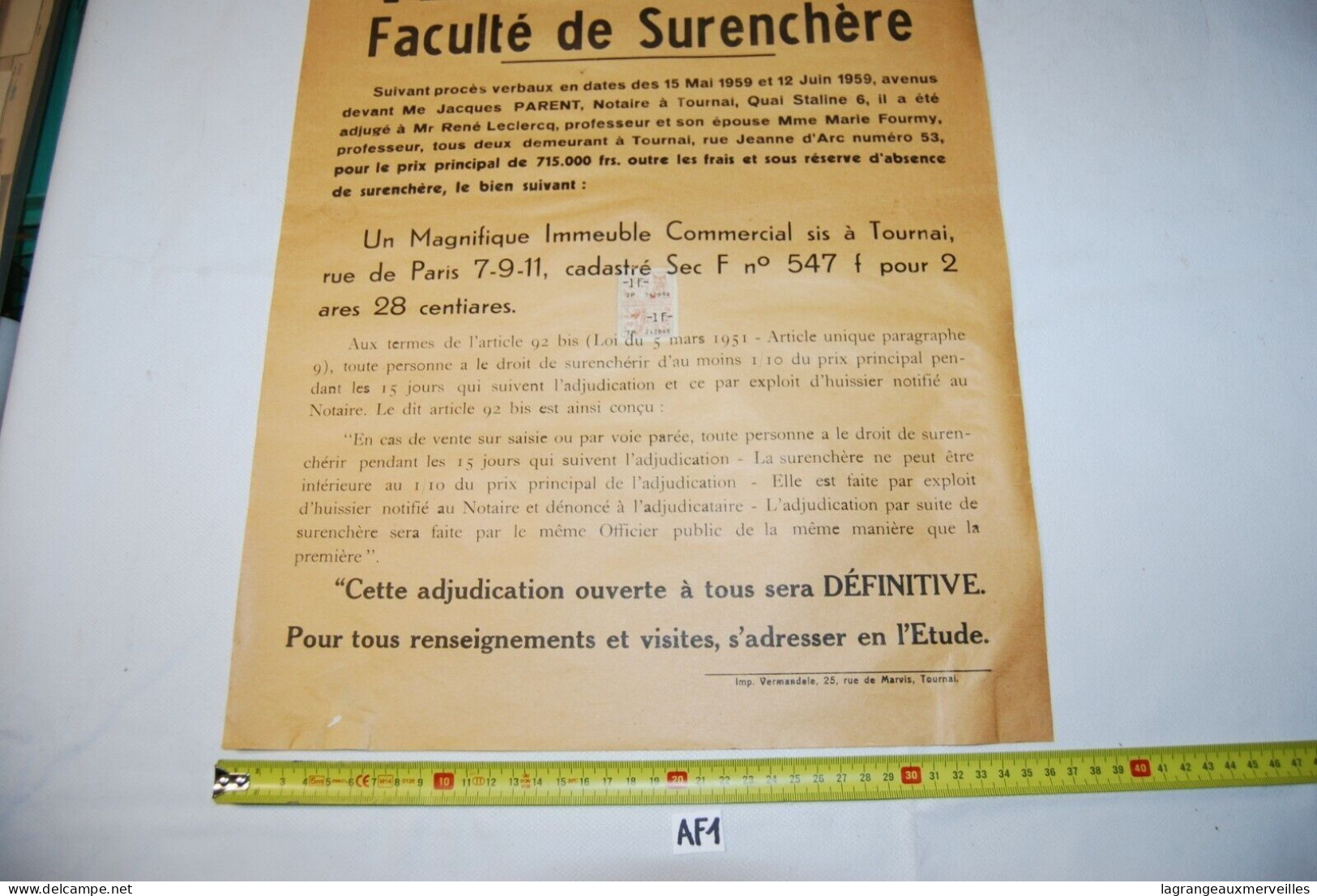 AF1 Affiche - Vente Publique Notaire - Tournai - Notaire Gérard - 1959 N°7 - Afiches
