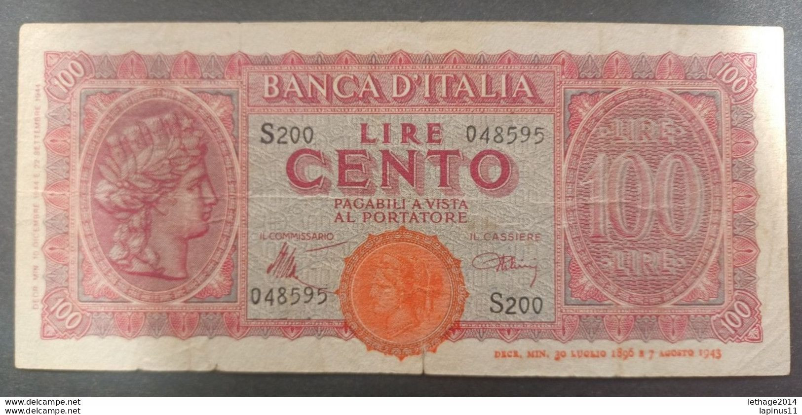 BANKNOTE ITALIA 100 LIRE 1944 IMPRONA URBINI CIRCULATED - 100 Liras