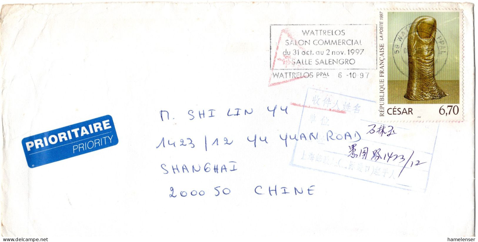 L77274 - Frankreich - 1997 - 6.70F Cesar EF A LpBf WATTRELOS - ... -> SHANGHAI (China) - Storia Postale