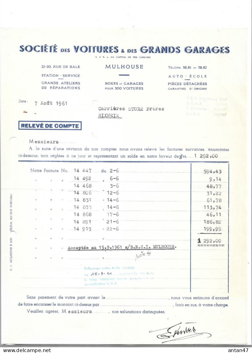 2 Factures 1961 & 1 Courrier 1962 / 68 MULHOUSE / Ste Des Voitures & Grands Garages  Pour Sturm RIXHEIM - Automobile